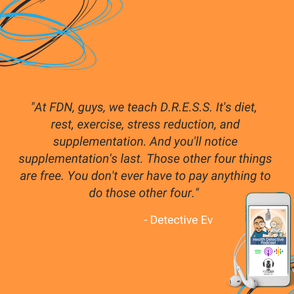 FDN TEACHES DRESS PROTOCOL, DIET, REST, EXERCISE, STRESS REDUCTION, SUPPLEMENTATION, FDN, FDNTRAINING, HEALTH DETECTIVE PODCAST