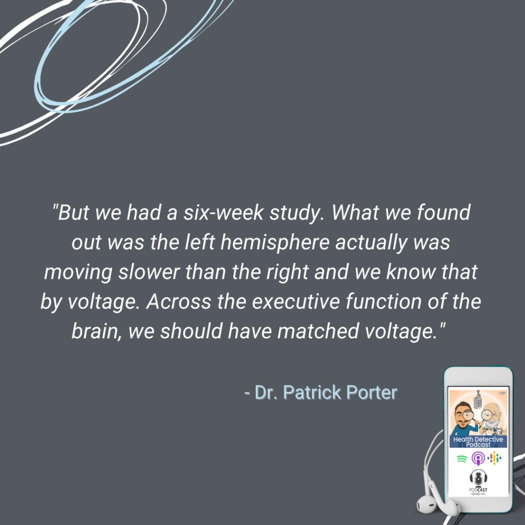 SIX-WEEK STUDY SHOWED LEFT HEMISPHERE OF THE BRAIN WAS MOVING SLOWER THAN THE RIGHT, ACROSS EXECUTIVE FUNCTION OF THE BRAIN SHOULD BE MATCHED VOLTAGE, BRAIN TAP, IMPROVE DEMENTIA, FDN, FDNTRAINING, HEALTH DETECTIVE PODCAST