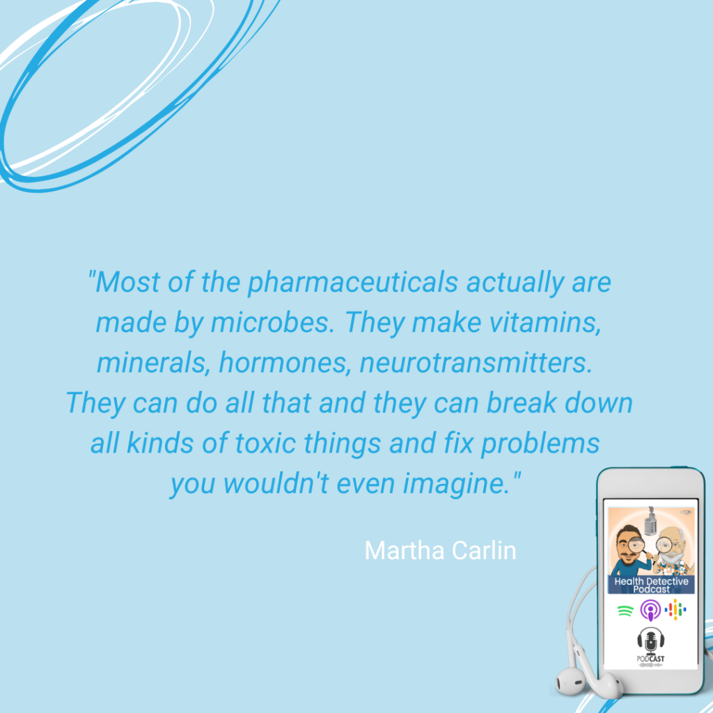 PHARMACEUTICALS ARE MADE BY MICROBES, MICROBES MAKE VITAMINS, MINERALS, HORMONES, NEUROTRANSMITTERS, MICROBES BREAK DOWN TOXIC THINGS, FDN, FDNTRAINING, HEALTH DETECTIVE PODCAST