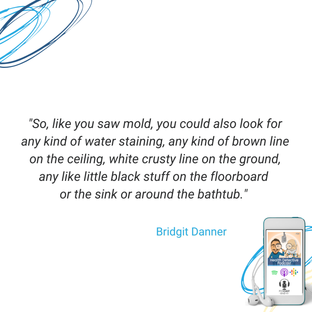 TOXIC MOLD EXPOSURE, LOOK FOR STAINING ON CEILINGS, BROWN LINE ON CEILINGS, CRUSTY LINE ON THE GROUND, BLACK STUFF ON THE FLOORBOARD, SINK, BATHTUB, FDN, FDNTRAINING, HEALTH DETECTIVE PODCAST