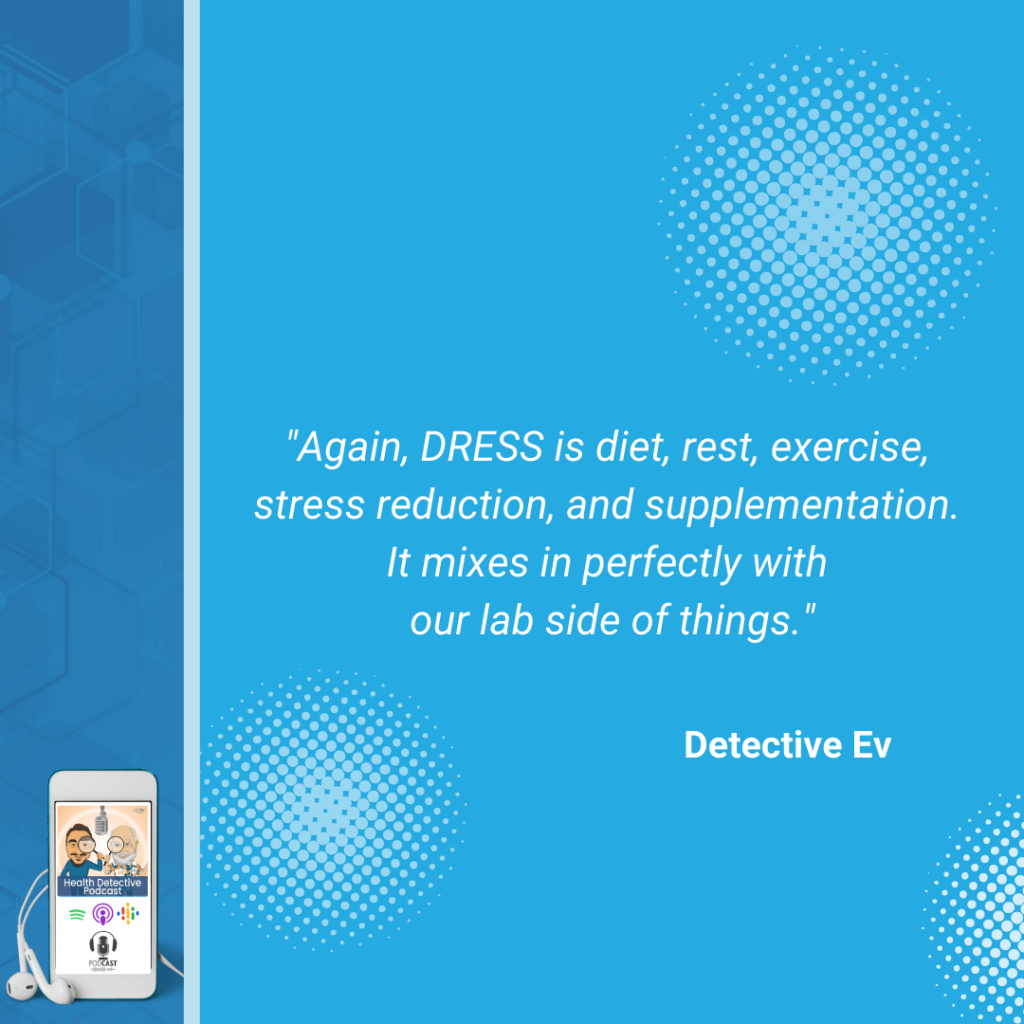 "DRESS" PROTOCOL, TRADEMARKED DRESS PROTOCOL, DIET, REST, EXERCISE, STRESS REDUCTION, SUPPLEMENTS, SUPPLEMENTATION, LIFESTYLE, HEALTHY LIFESTYLE, COACHING, FDN, FDNTRAINING, HEALTH DETECTIVE PODCAST, LAB, LABS, LAB SIDE