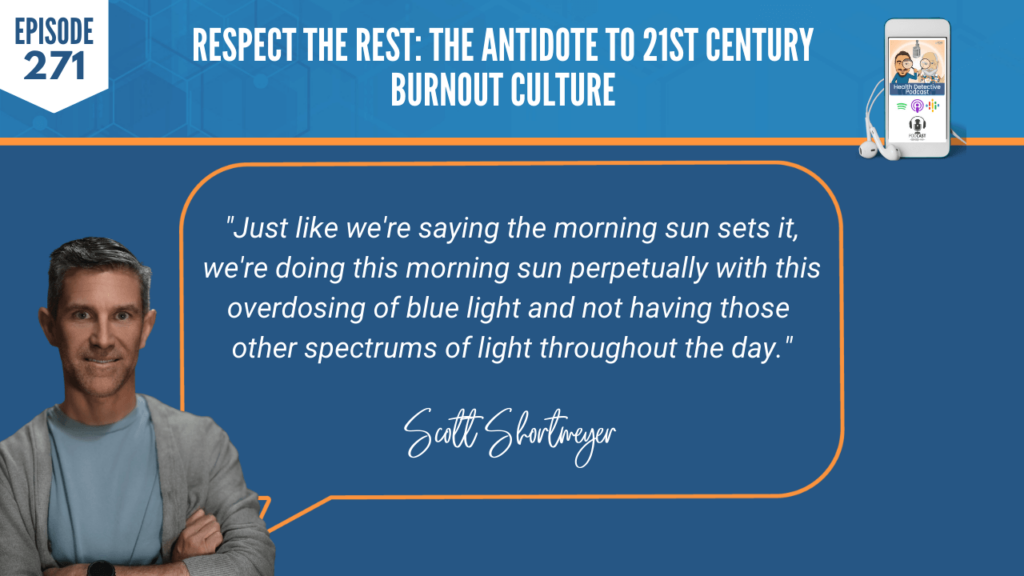 RESPECT THE REST, BURNOUT CULTURE, SCOTT SHORTMEYER, FDNP, DETECTIVE EV, EVAN TRANSUE, PODCAST, FDN, FDNTRAINING, HEATLH DETECTIVE PODCAST, CAUSEWAY HEALTH, HEALTH, HEALTH COACH, REST, RECOVERY, MORNING SUN, SETS IT, CIRCADIAN CLOCK, PERPETUALLY, OVERDOSING BLUE LIGHT, SPECTRUMS OF LIGHT, DAY
