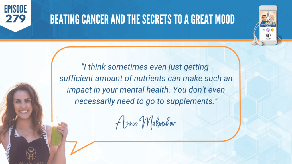 BEATING CANCER, GREAT MOOD, ANNIE MABASHOV, WELL WITH ANNIE, DETECTIVE EV, EVAN TRANSUE, FDN, FDNTRAINING, HEALTH DETECTIVE PODCAST, HEALTH COACH, HEALTH, FOOD, PROTEIN, CANCER, MOODS, NUTRIENTS, MENTAL HEALTH, SUPPLEMENTS