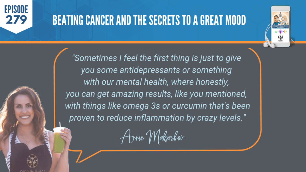 BEATING CANCER, GREAT MOOD, ANNIE MABASHOV, WELL WITH ANNIE, DETECTIVE EV, EVAN TRANSUE, FDN, FDNTRAINING, HEALTH DETECTIVE PODCAST, HEALTH COACH, HEALTH, FOOD, PROTEIN, CANCER, MOODS, ANTIDEPRESSANTS, MENTAL HEALTH, OMEGA 3S, CURCUMIN, INFLAMMATION