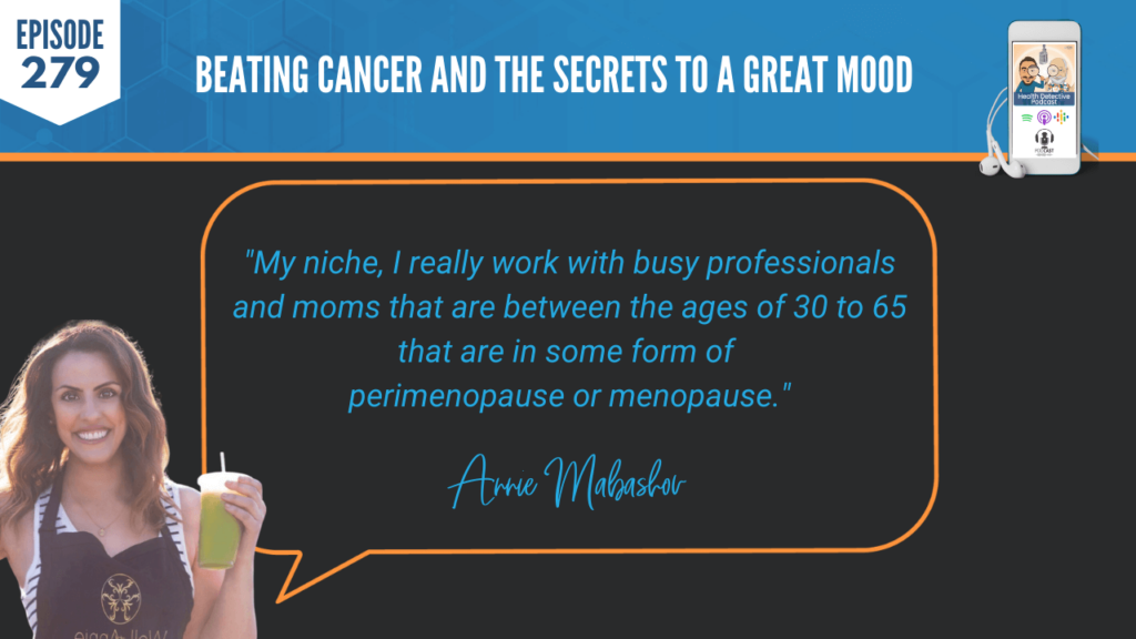 BEATING CANCER, GREAT MOOD, ANNIE MABASHOV, WELL WITH ANNIE, DETECTIVE EV, EVAN TRANSUE, FDN, FDNTRAINING, HEALTH DETECTIVE PODCAST, HEALTH COACH, HEALTH, FOOD, PROTEIN, CANCER, MOODS, NICHE, PROFESSIONALS, MOMS, PERIMENOPAUSE, MENOPAUSE